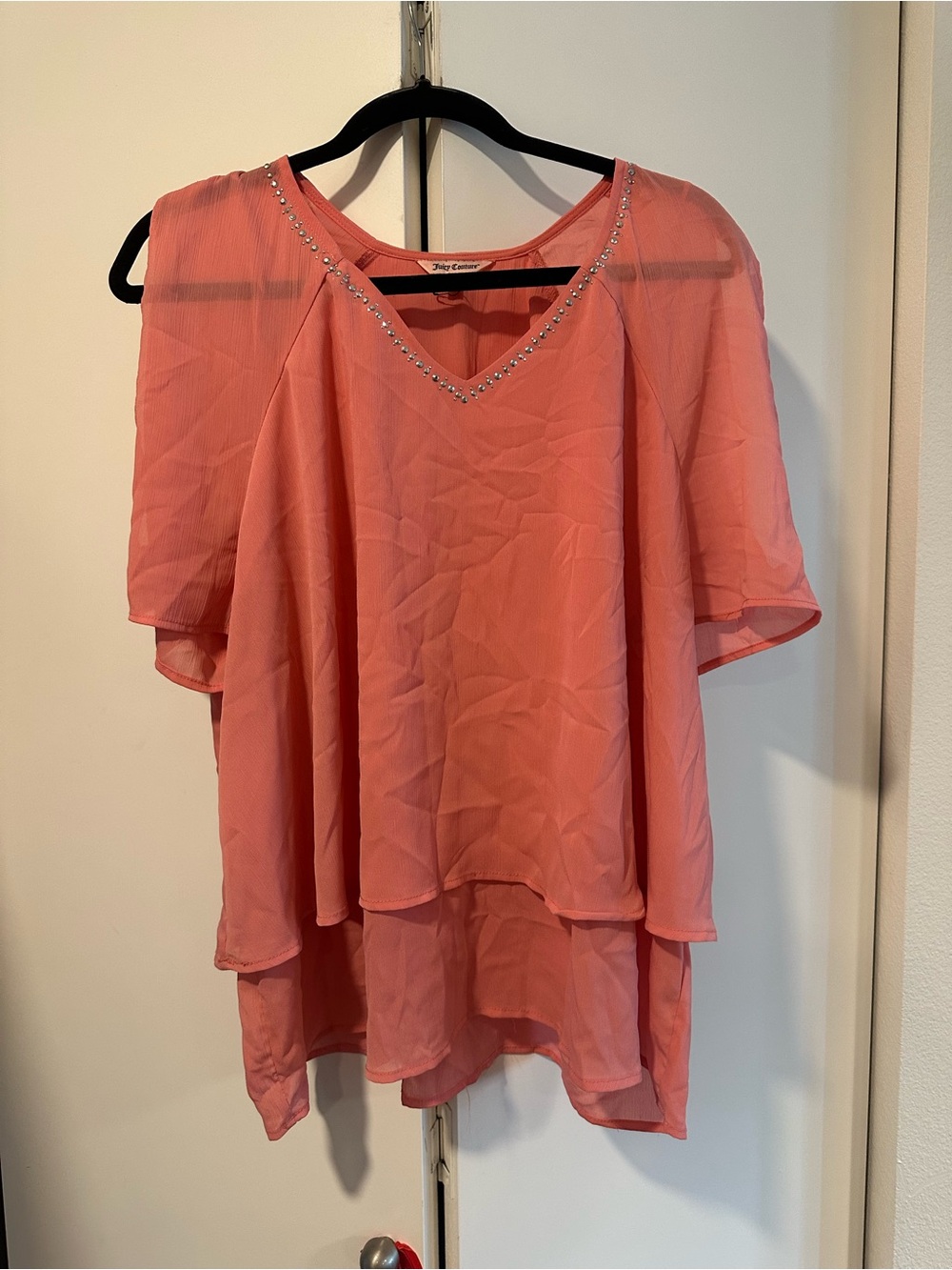 Coral Layered V-Neck Women's Top with Embellished Neckline XXL